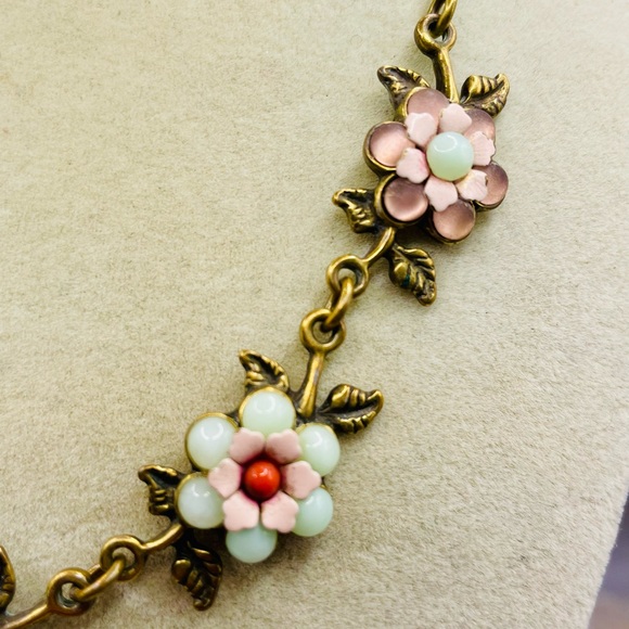 Michal Negrin Antique Tone Floral Necklace with Pink and Green Flowers. 16 inch - Picture 5 of 10